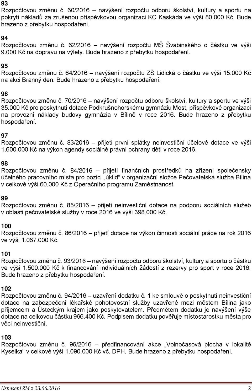 95 Rozpočtovou změnu č. 64/2016 navýšení rozpočtu ZŠ Lidická o částku ve výši 15.000 Kč na akci Branný den. Bude hrazeno z přebytku hospodaření. 96 Rozpočtovou změnu č.