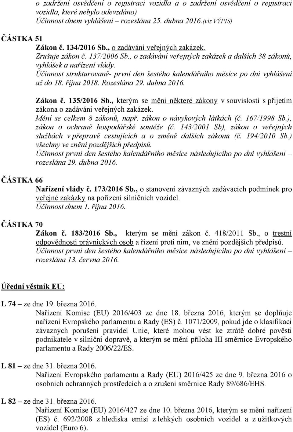 Účinnost strukturovaně- první den šestého kalendářního měsíce po dni vyhlášení až do 18. října 2018. Rozeslána 29. dubna 2016. Zákon č. 135/2016 Sb.