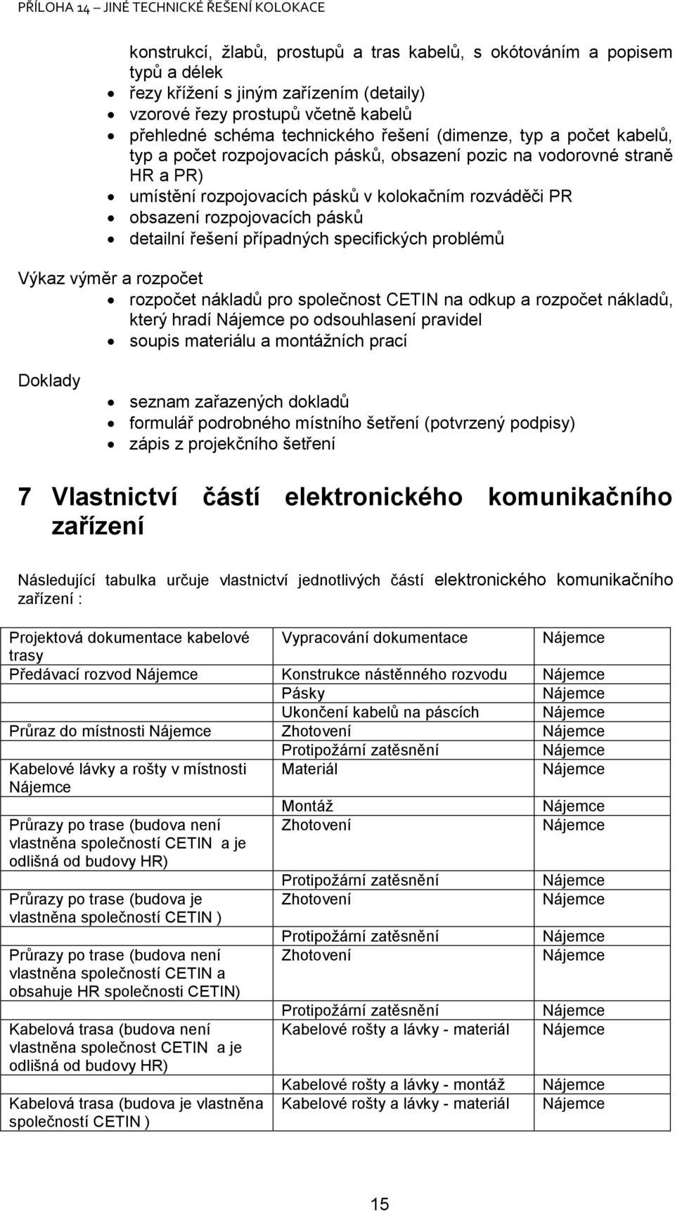 řešení případných specifických problémů Výkaz výměr a rozpočet rozpočet nákladů pro společnost CETIN na odkup a rozpočet nákladů, který hradí po odsouhlasení pravidel soupis materiálu a montážních