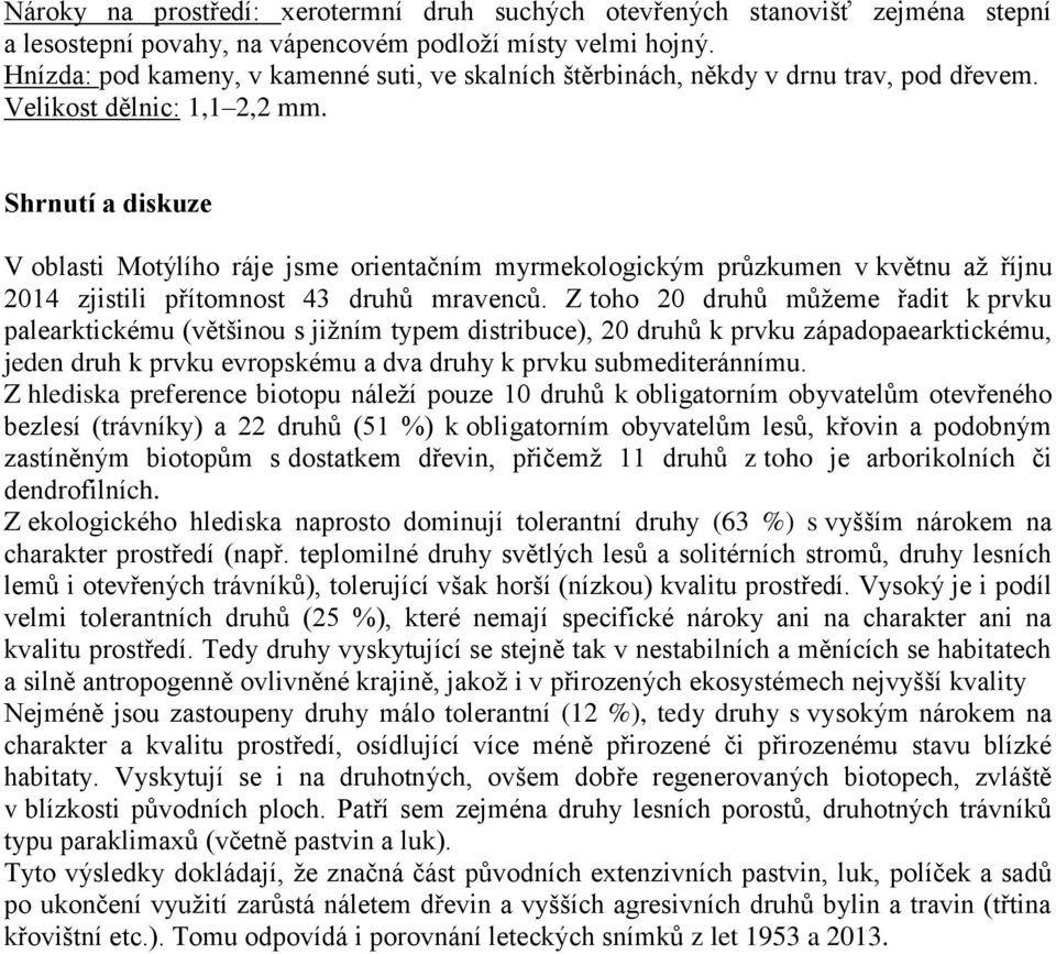 Shrnutí a diskuze V oblasti Motýlího ráje jsme orientačním myrmekologickým průzkumen v květnu až říjnu 2014 zjistili přítomnost 43 druhů mravenců.