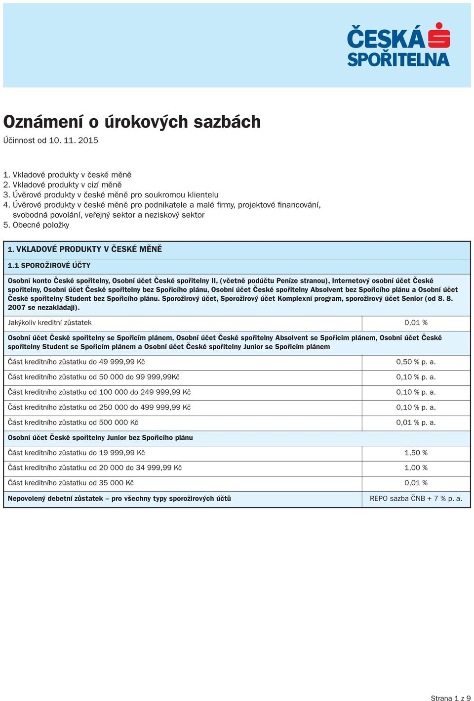 1 SPOROŽIROVÉ ÚČTY Osobní konto České spořitelny, Osobní účet České spořitelny II, (včetně podúčtu Peníze stranou), Internetový osobní účet České spořitelny, Osobní účet České spořitelny bez