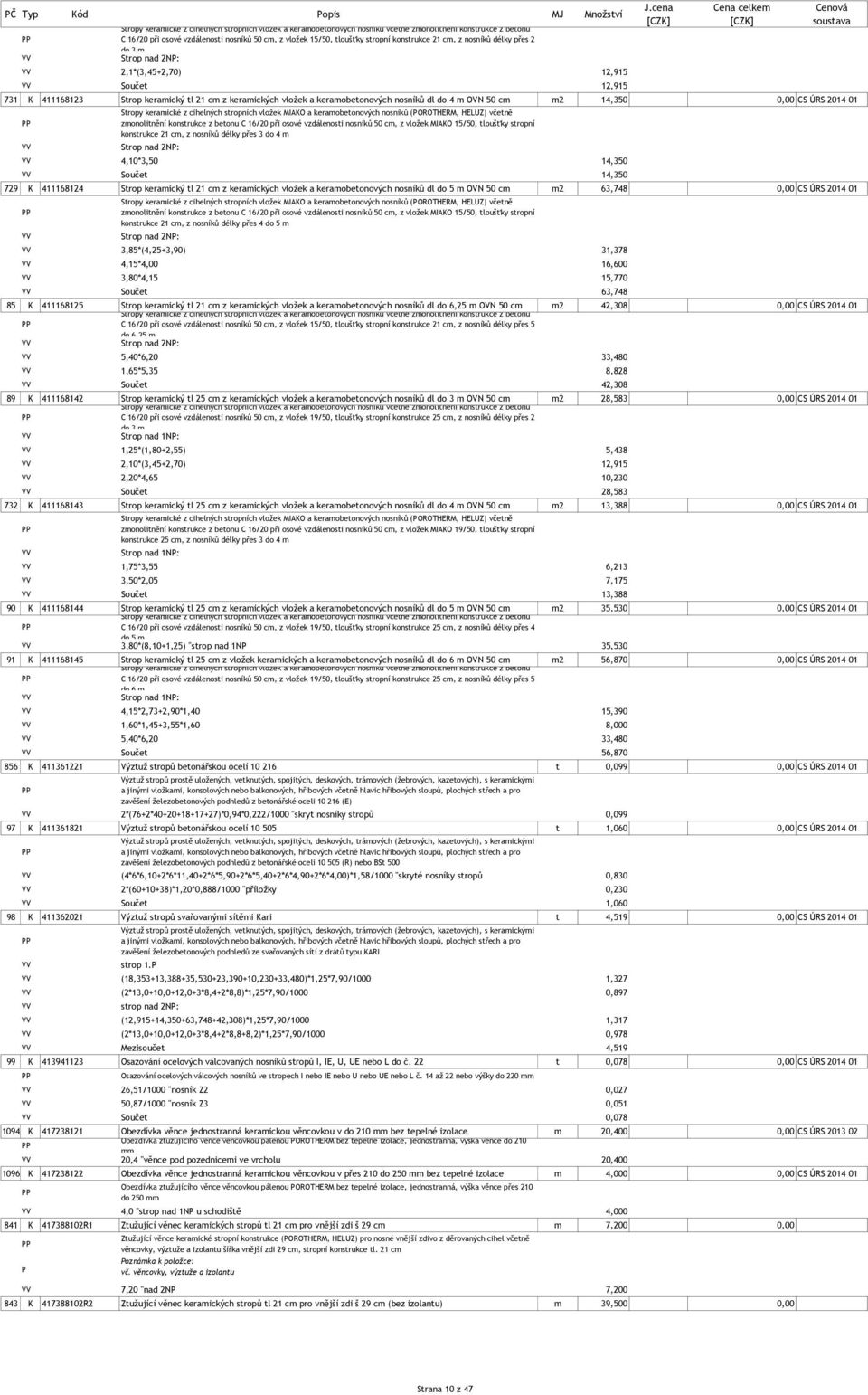 keramobetonových nosníků dl do 4 m OVN 50 cm m2 14,350 0,00 CS ÚRS 2014 01 Stropy keramické z cihelných stropních vložek MIAKO a keramobetonových nosníků (OROTHERM, HELUZ) včetně zmonolitnění