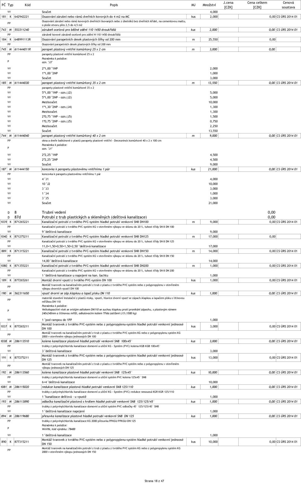 01 zárubně kovové zárubně ocelové pro zdění H 110 1450 dvoukřídlá 184 K 648991113R Osazování parapetních desek plastových šířky od 200 mm m 25,550 0,00 Osazování parapetních desek plastových šířky od