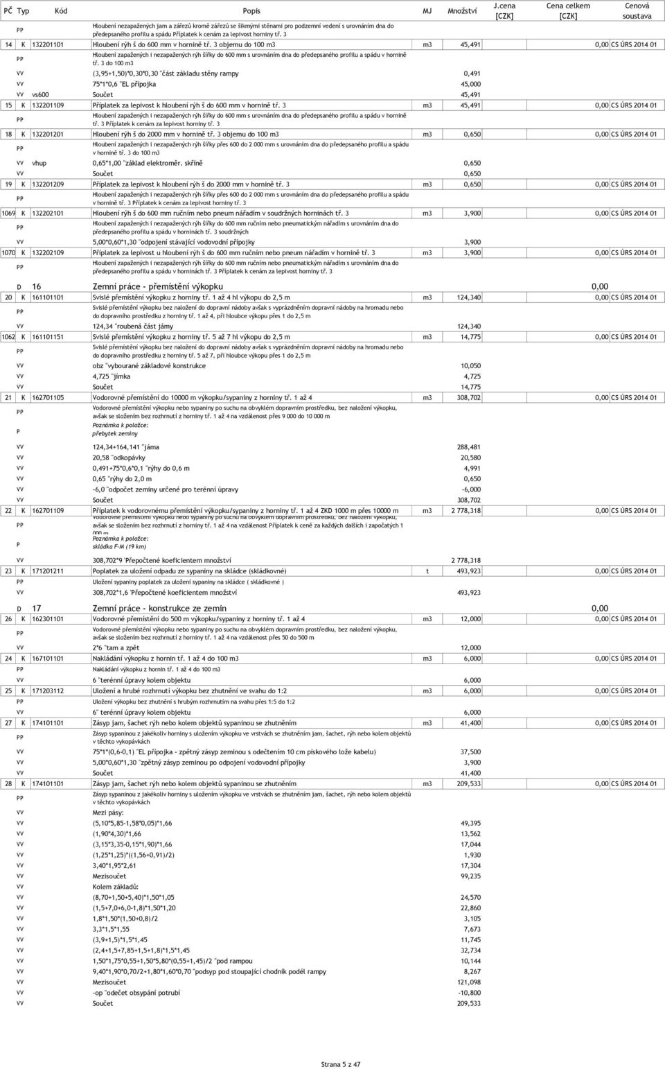 3 objemu do 100 m3 m3 45,491 0,00 CS ÚRS 2014 01 Hloubení zapažených i nezapažených rýh šířky do 600 mm s urovnáním dna do předepsaného profilu a spádu v hornině tř.