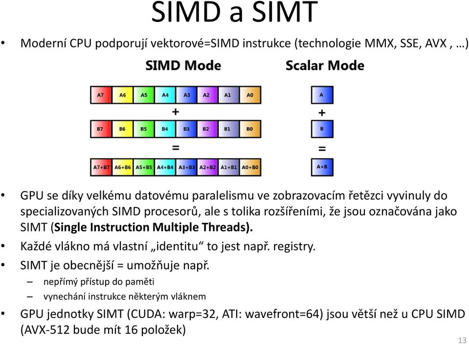 Instruction Multiple Threads). Každé vlákno má vlastní identitu to jest např. registry. SIMT je obecnější = umožňuje např.