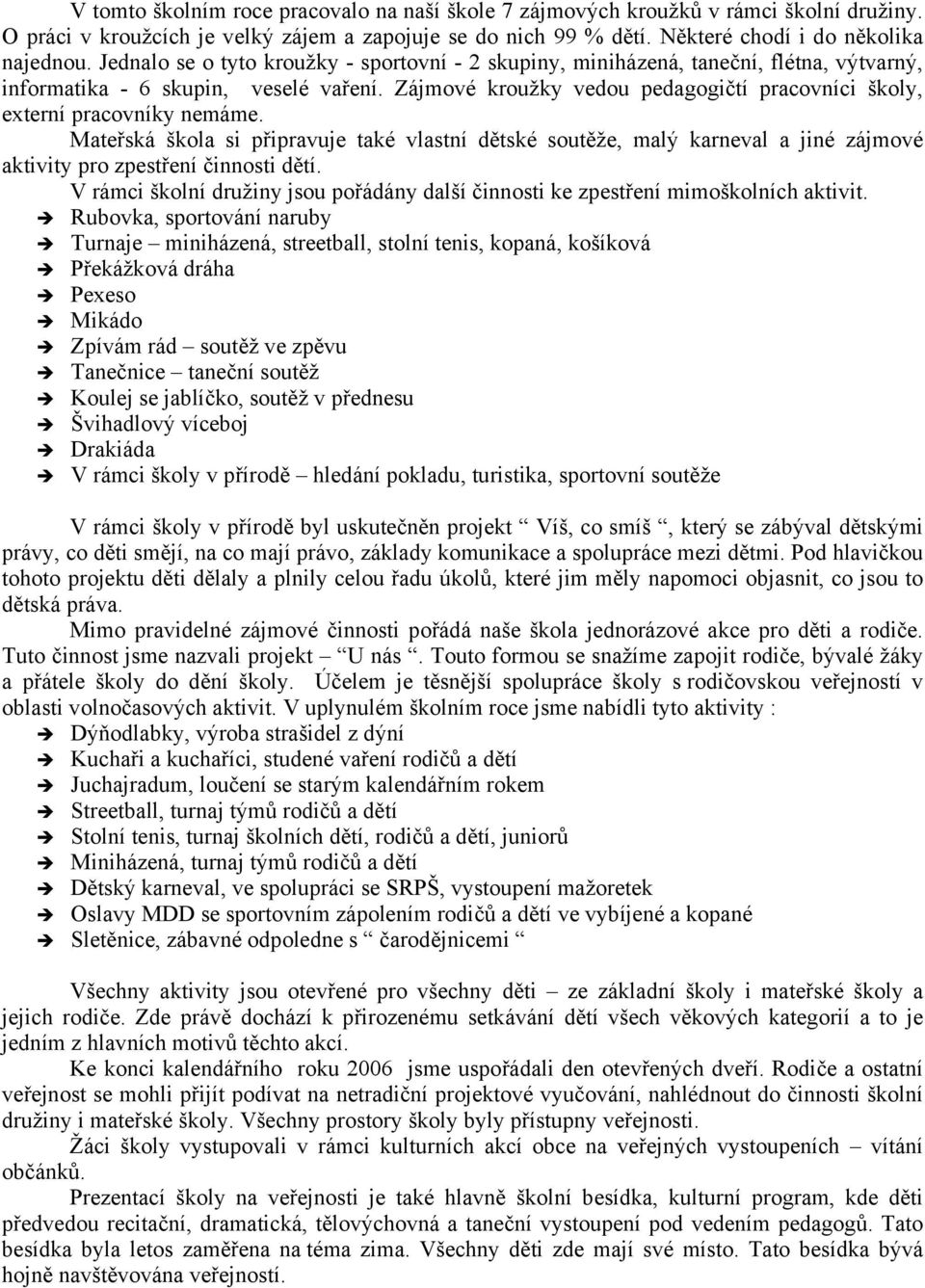 Zájmové kroužky vedou pedagogičtí pracovníci školy, externí pracovníky nemáme.
