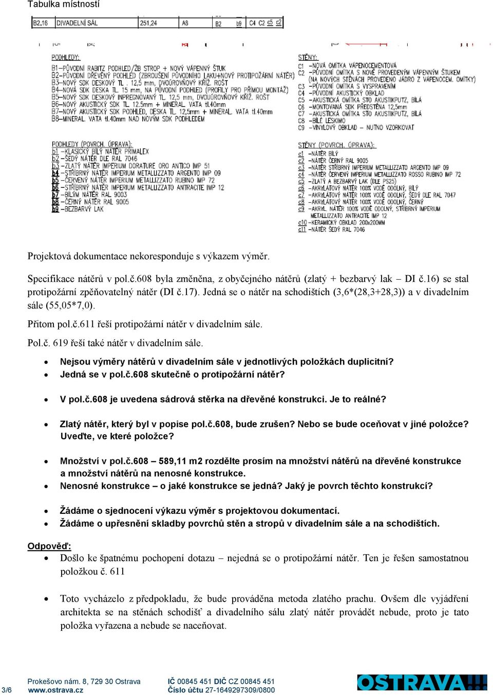 Pol.č. 619 řeší také nátěr v divadelním sále. Nejsou výměry nátěrů v divadelním sále v jednotlivých položkách duplicitní? Jedná se v pol.č.608 skutečně o protipožární nátěr? V pol.č.608 je uvedena sádrová stěrka na dřevěné konstrukci.