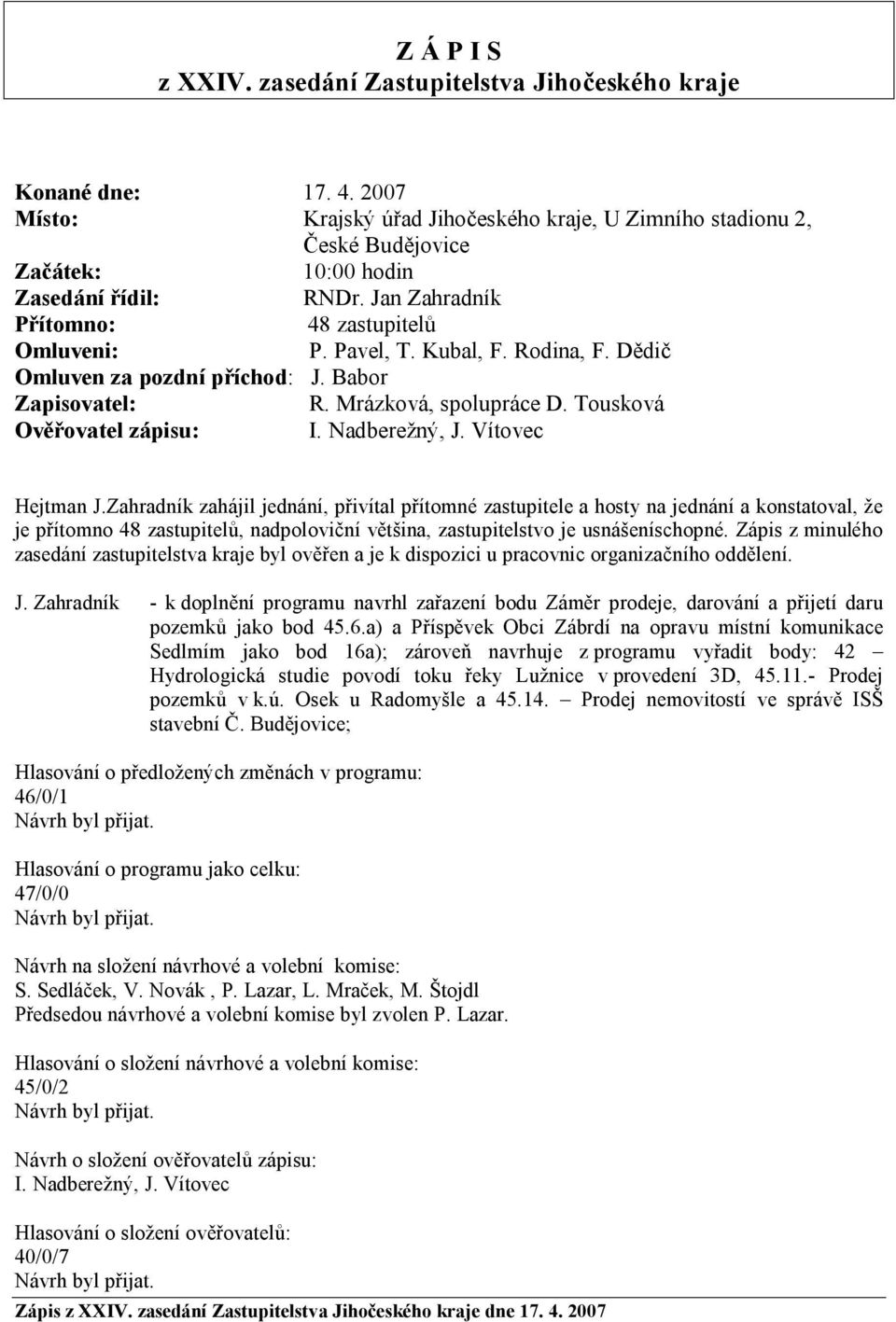 Rodina, F. Dědič Omluven za pozdní příchod: J. Babor Zapisovatel: R. Mrázková, spolupráce D. Tousková Ověřovatel zápisu: I. Nadberežný, J. Vítovec Hejtman J.