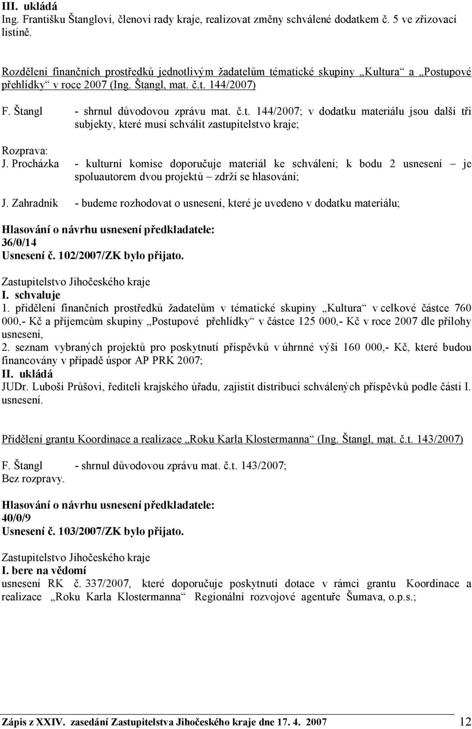 Procházka - kulturní komise doporučuje materiál ke schválení; k bodu 2 usnesení je spoluautorem dvou projektů zdrží se hlasování; J.