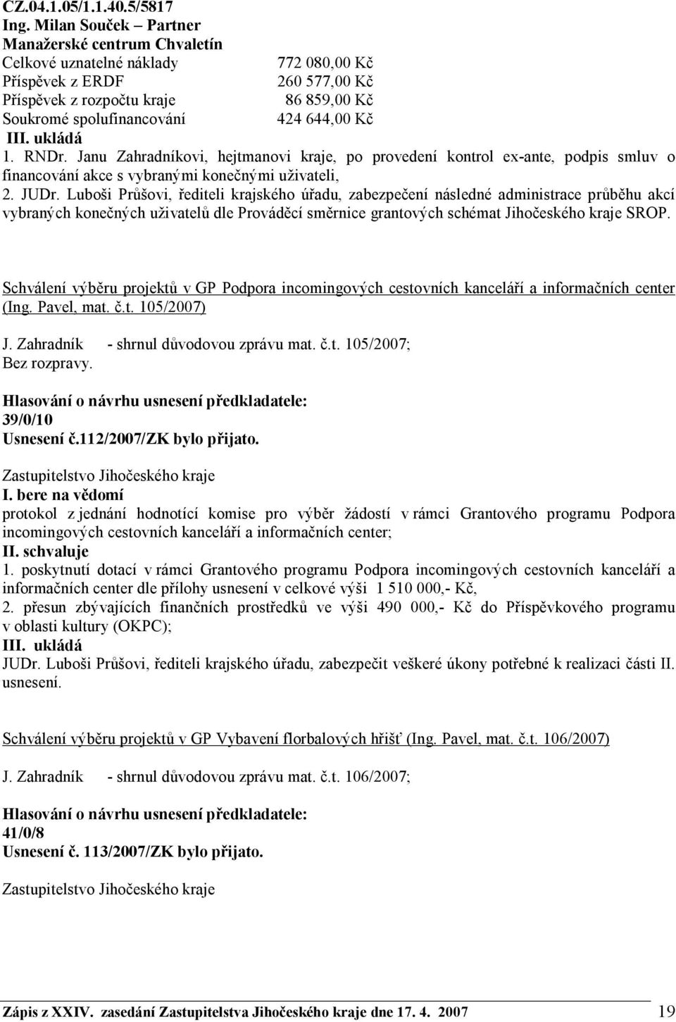 Kč I 1. RNDr. Janu Zahradníkovi, hejtmanovi kraje, po provedení kontrol ex-ante, podpis smluv o financování akce s vybranými konečnými uživateli, 2. JUDr.