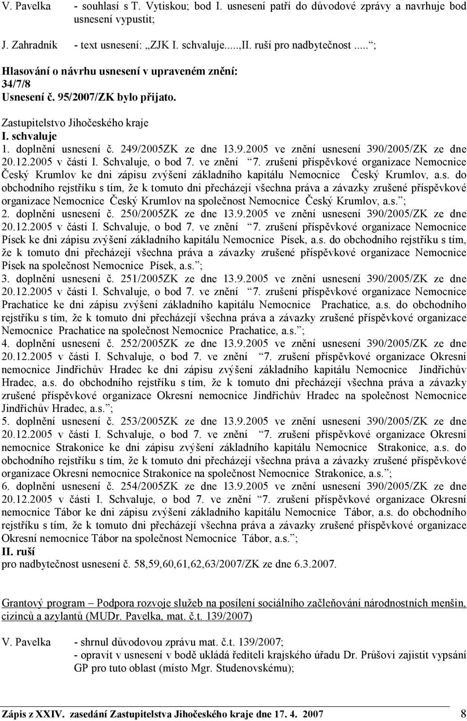 2005 v části I. Schvaluje, o bod 7. ve znění 7. zrušení příspěvkové organizace Nemocnice Český Krumlov ke dni zápisu zvýšení základního kapitálu Nemocnice Český Krumlov, a.s. do obchodního rejstříku s tím, že k tomuto dni přecházejí všechna práva a závazky zrušené příspěvkové organizace Nemocnice Český Krumlov na společnost Nemocnice Český Krumlov, a.