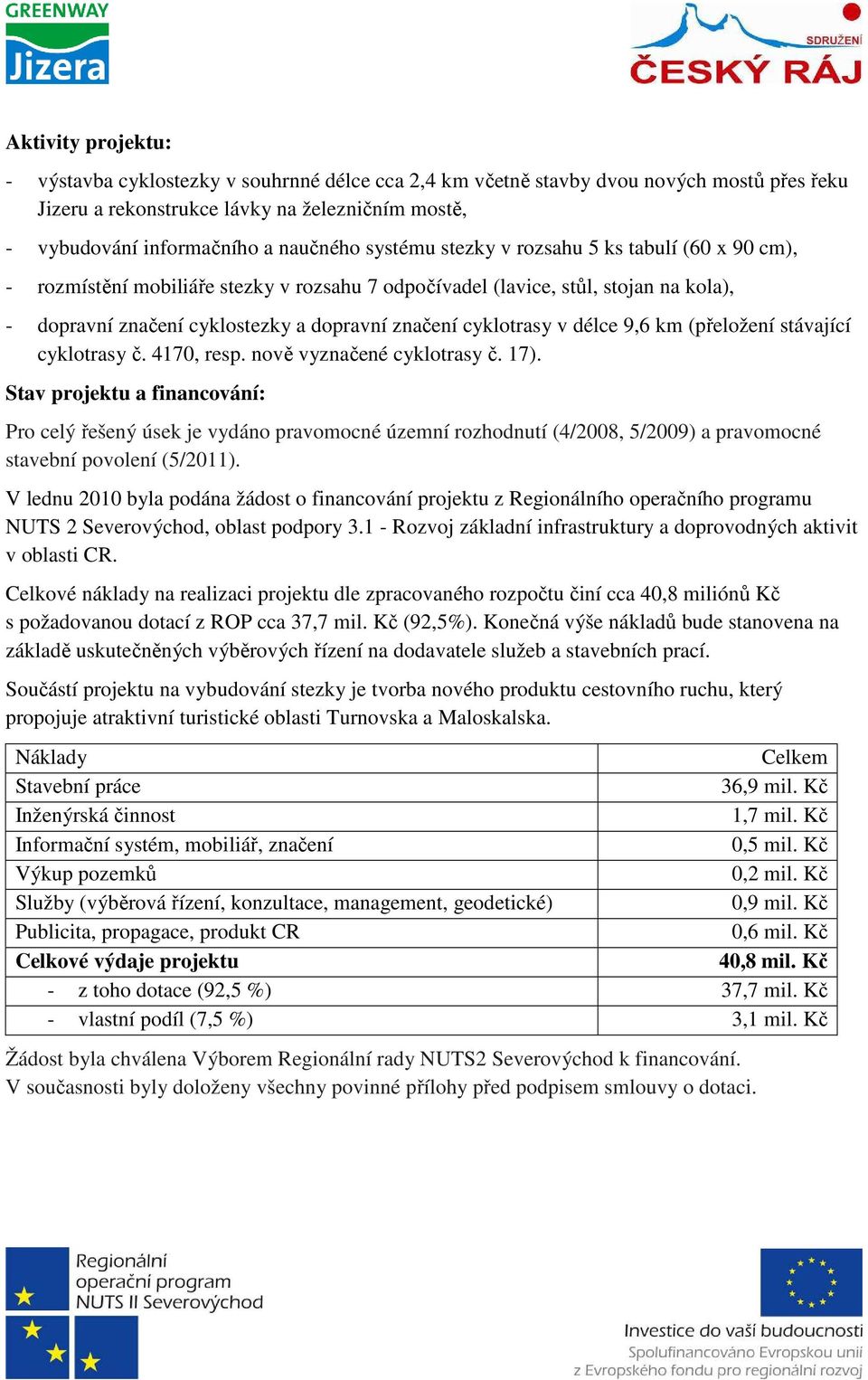 délce 9,6 km (přeložení stávající cyklotrasy č. 4170, resp. nově vyznačené cyklotrasy č. 17).