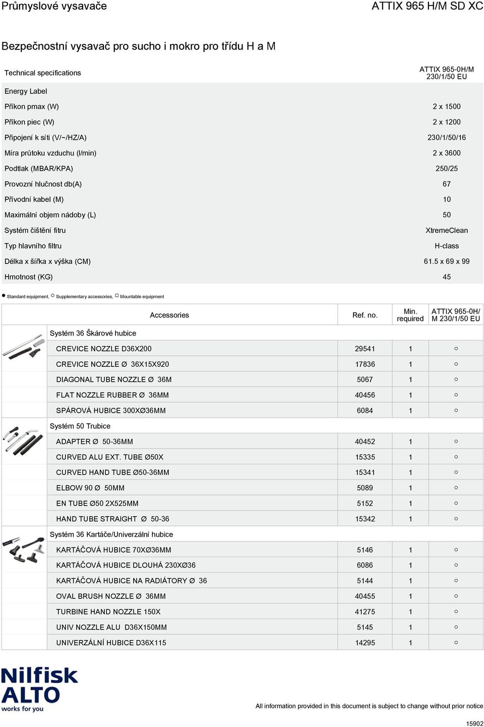 5 x 69 x 99 Hmotnost (KG) 45 Standard equipment, Supplementary accessories, Mountable equipment Systém 36 Škárové hubice CREVICE NOZZLE D36X200 29541 1 CREVICE NOZZLE Ø 36X15X920 17836 1 DIAGONAL