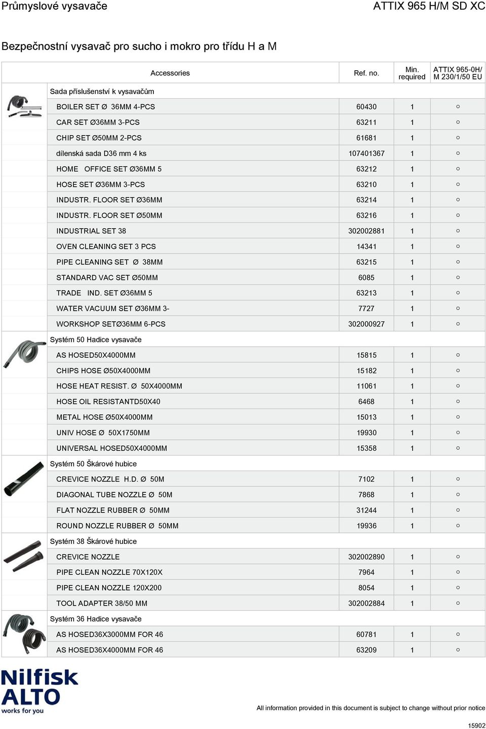 FLOOR SET Ø50MM 63216 1 INDUSTRIAL SET 38 302002881 1 OVEN CLEANING SET 3 PCS 14341 1 PIPE CLEANING SET Ø 38MM 63215 1 STANDARD VAC SET Ø50MM 6085 1 TRADE IND.