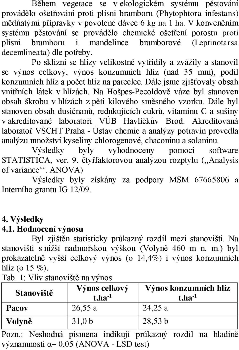 Po sklizni se hlízy velikostně vytřídily a zvážily a stanovil se výnos celkový, výnos konzumních hlíz (nad 35 mm), podíl konzumních hlíz a počet hlíz na parcelce.