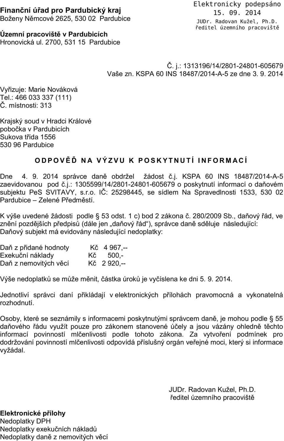 místnosti: 313 Krajský soud v Hradci Králové pobočka v Pardubicích Sukova třída 1556 530 96 Pardubice ODPOVĚĎ NA VÝZVU K POSKYTNUTÍ INFORMACÍ Dne 4. 9. 2014 správce daně obdržel žádost č.j. KSPA 60 INS 18487/2014-A-5 zaevidovanou pod č.