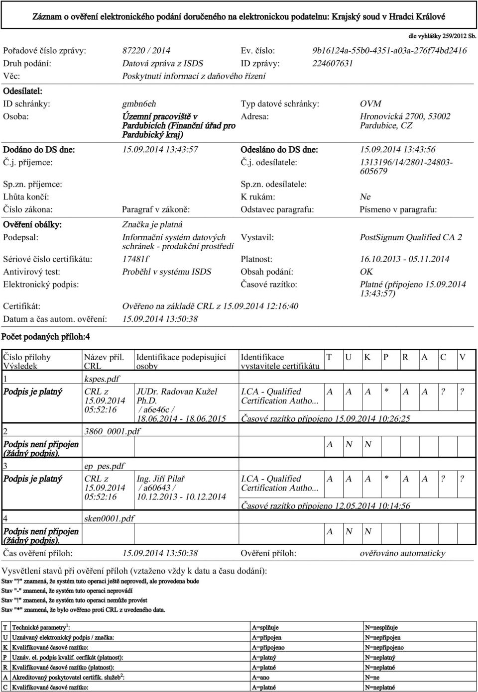 OVM Osoba: Územní pracoviště v Adresa: Hronovická 2700, 53002 Pardubicích (Finanční úřad pro Pardubice, CZ Pardubický kraj) Dodáno do DS dne: 15.09.2014 13:43:57 Odesláno do DS dne: 15.09.2014 13:43:56 Č.