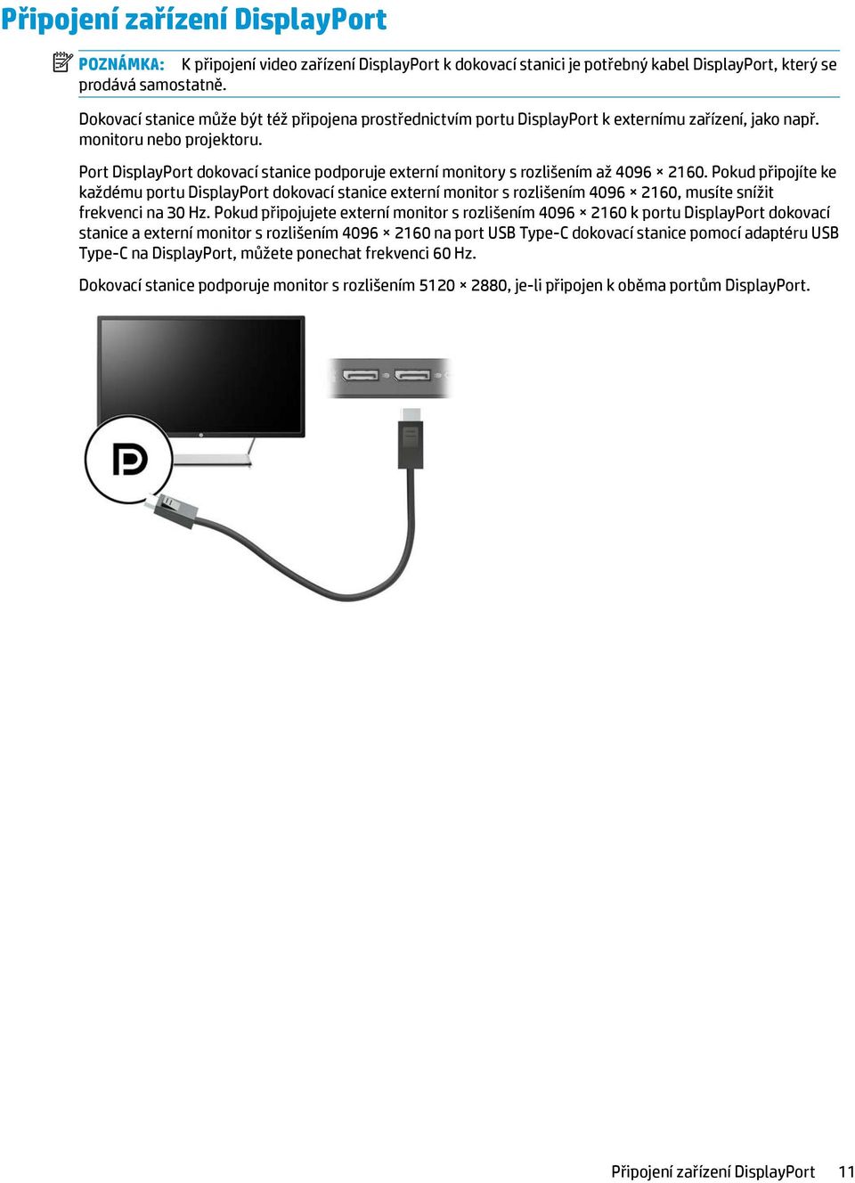 Port DisplayPort dokovací stanice podporuje externí monitory s rozlišením až 4096 2160.