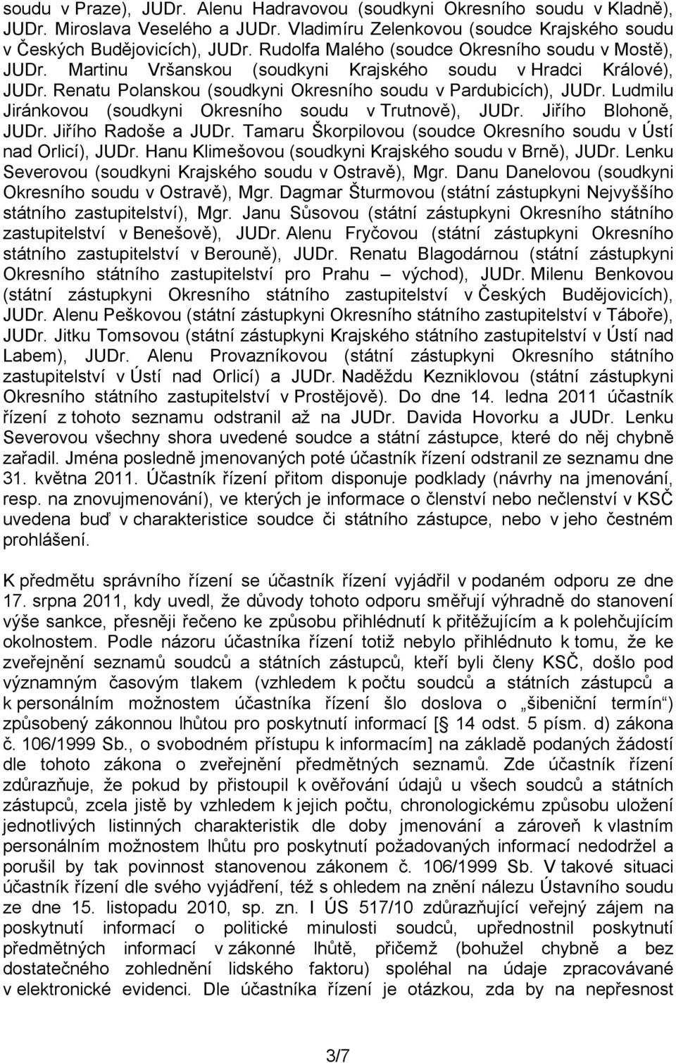 Ludmilu Jiránkovou (soudkyni Okresního soudu v Trutnově), JUDr. Jiřího Blohoně, JUDr. Jiřího Radoše a JUDr. Tamaru Škorpilovou (soudce Okresního soudu v Ústí nad Orlicí), JUDr.