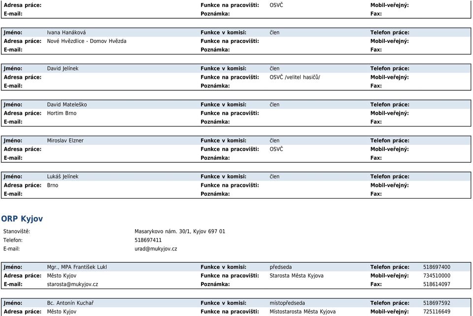 Jméno: Miroslav Elzner Funkce v komisi: člen Telefon práce: Adresa práce: Funkce na pracovišti: OSVČ Jméno: Lukáš Jelínek Funkce v komisi: člen Telefon práce: Adresa práce: Brno Funkce na pracovišti: