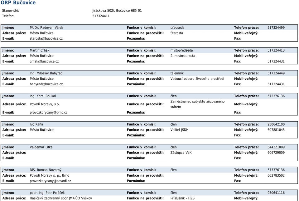 cz Poznámka: Fax: Jméno: Martin Crhák Funkce v komisi: místopředseda Telefon práce: 517324413 Adresa práce: Město Bučovice Funkce na pracovišti: 2. místostarosta crhak@bucovice.