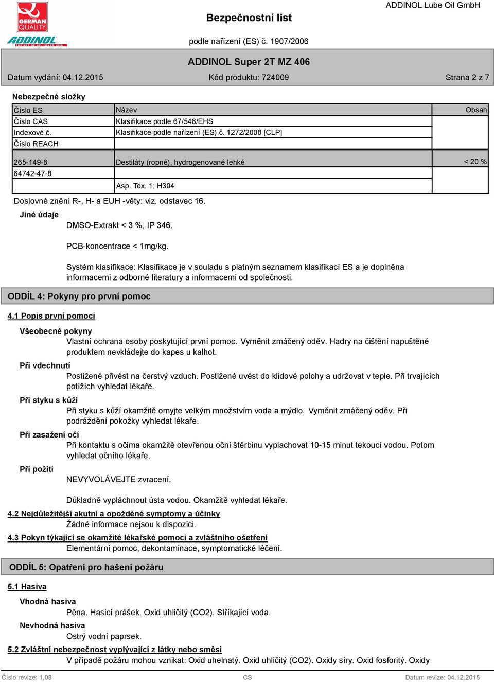 PCB-koncentrace < 1mg/kg. Systém klasifikace: Klasifikace je v souladu s platným seznamem klasifikací ES a je doplněna informacemi z odborné literatury a informacemi od společnosti.
