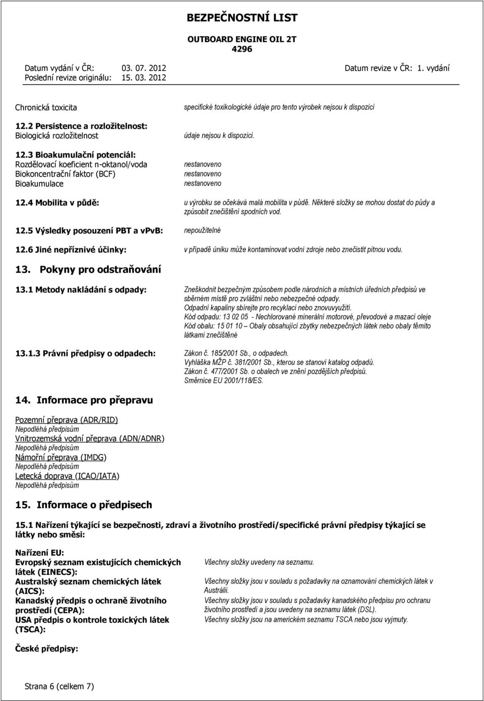 nestanoveno nestanoveno nestanoveno 12.4 Mobilita v půdě: u výrobku se očekává malá mobilita v půdě. Některé složky se mohou dostat do půdy a způsobit znečištění spodních vod. 12.5 Výsledky posouzení PBT a vpvb: nepoužitelné 12.