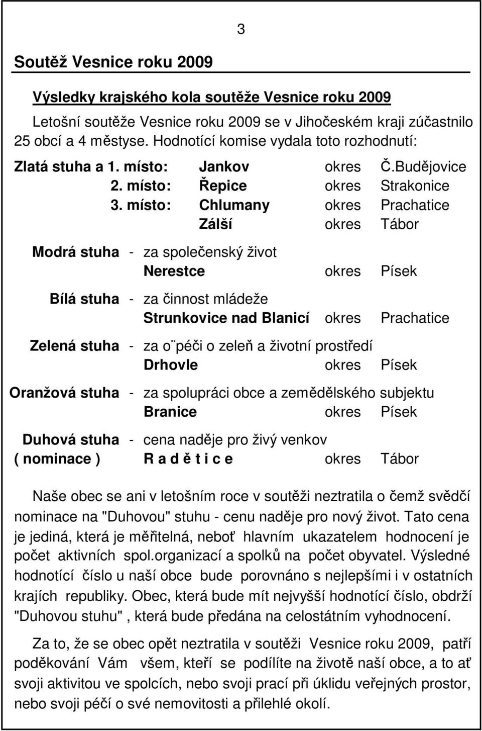 místo: Chlumany okres Prachatice Zálší okres Tábor Modrá stuha - za společenský život Nerestce okres Písek Bílá stuha - za činnost mládeže Strunkovice nad Blanicí okres Prachatice Zelená stuha - za o