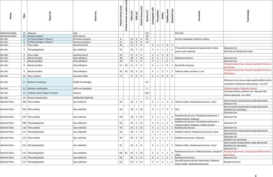 Průměr kmene n přezu [cm] Výšk [m] Ploch [m ] Perspektiv Vitlit Stbilit zlom Zdrvotní stv Poznámk N Ulici Pinus nigr borovice černá N Ulici Betul pendul bříz bělokorá 8 8 Poškozené kořeny.