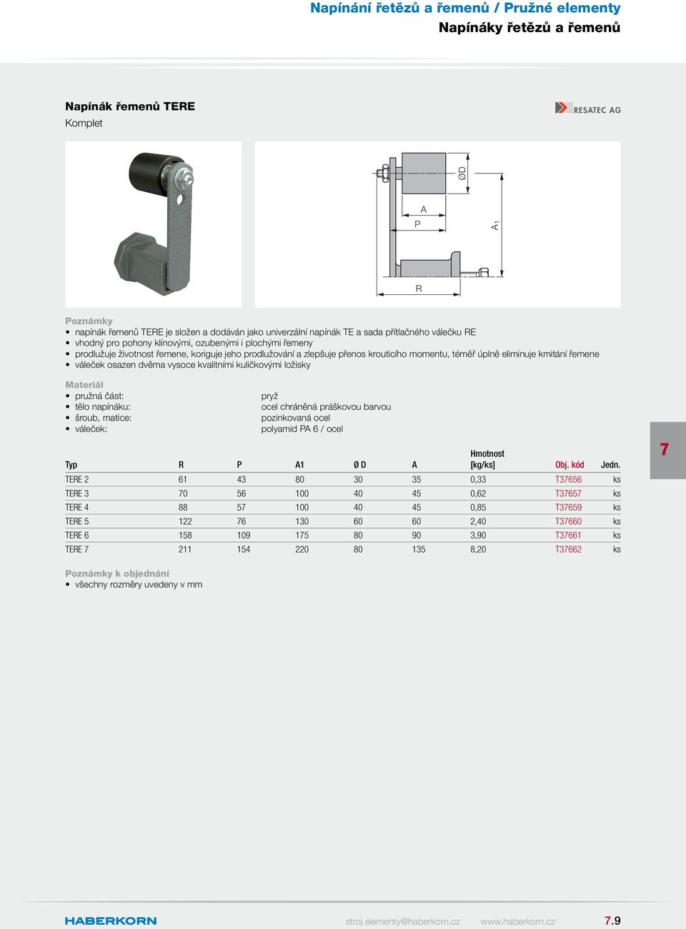 část: tělo napínáku: šroub, matice: váleček: pryž ocel chráněná práškovou barvou pozinkovaná ocel polyamid PA 6 / ocel Typ R P A1 Ø D A TERE 2 61 43 80 30 35 0,33 T3656 ks TERE 3 0 56 100 40 45 0,62