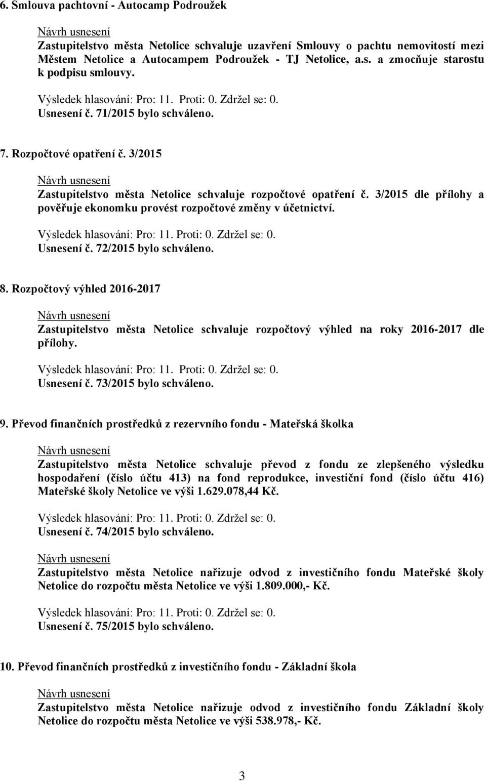 3/2015 dle přílohy a pověřuje ekonomku provést rozpočtové změny v účetnictví. Usnesení č. 72/2015 bylo schváleno. 8.