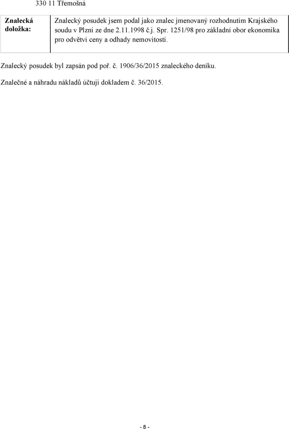 1251/98 pro základní obor ekonomika pro odvětví ceny a odhady nemovitostí.