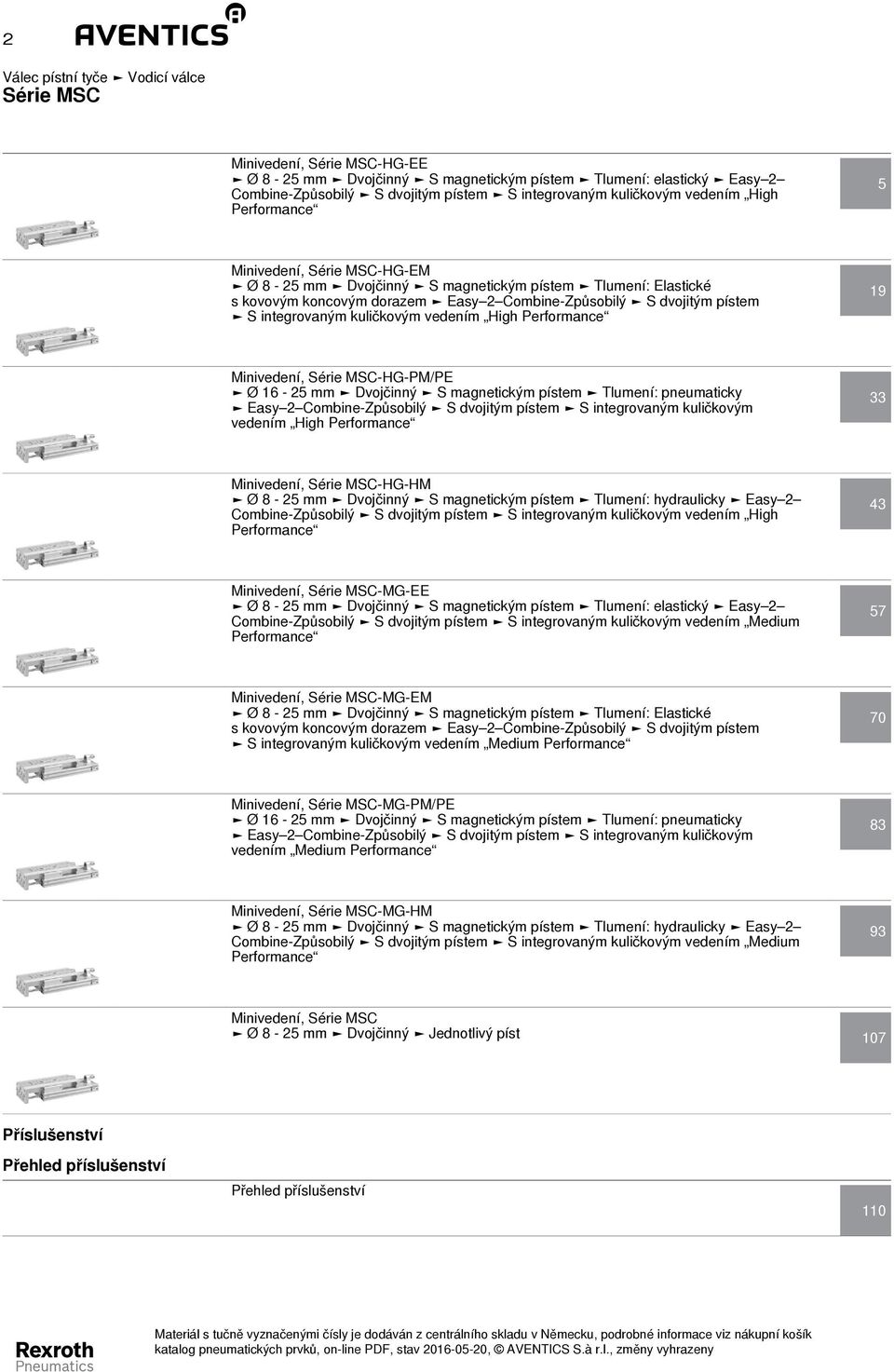 Performance 19 inivedení, Série SC - HG - P/PE Ø 16-25 mm Dvojčinný S magnetickým pístem Tlumení: pneumaticky Easy 2 Combine - Způsobilý S dvojitým pístem S integrovaným kuličkovým vedením High