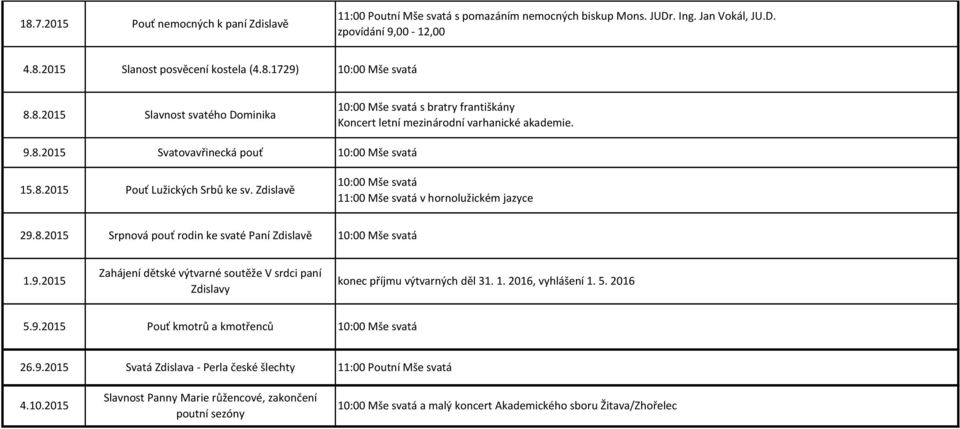 Zdislavě 10:00 Mše svatá 11:00 Mše svatá v hornolužickém jazyce 29.8.2015 Srpnová pouť rodin ke svaté Paní Zdislavě 10:00 Mše svatá 1.9.2015 Zahájení dětské výtvarné soutěže V srdci paní Zdislavy konec příjmu výtvarných děl 31.