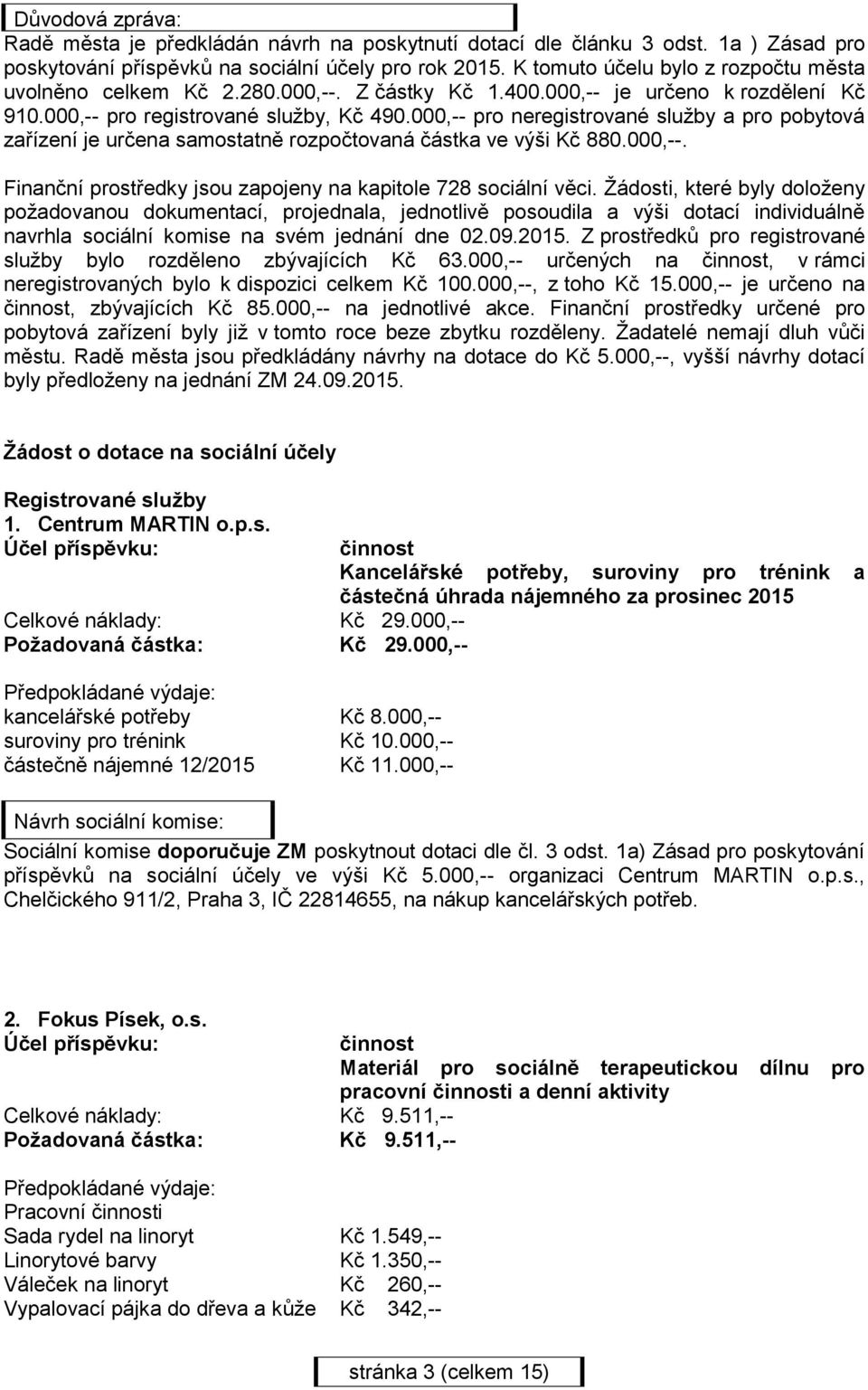 000,-- pro neregistrované služby a pro pobytová zařízení je určena samostatně rozpočtovaná částka ve výši Kč 880.000,--. Finanční prostředky jsou zapojeny na kapitole 728 sociální věci.