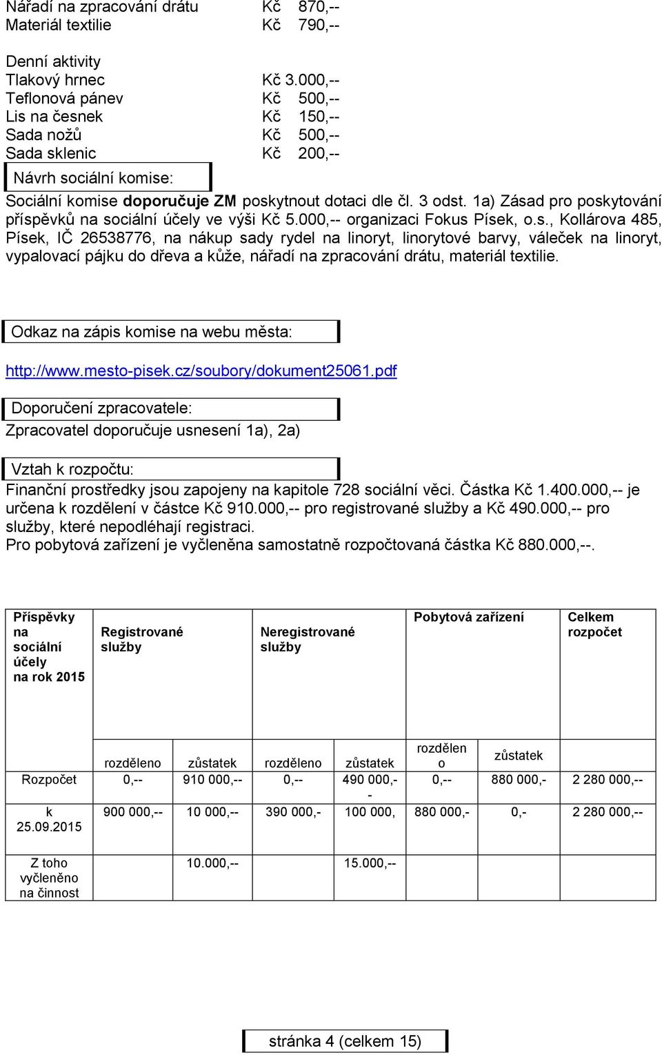 1a) Zásad pro poskytování příspěvků na sociální účely ve výši Kč 5.000,-- organizaci Fokus Písek, o.s., Kollárova 485, Písek, IČ 26538776, na nákup sady rydel na linoryt, linorytové barvy, váleček na linoryt, vypalovací pájku do dřeva a kůže, nářadí na zpracování drátu, materiál textilie.