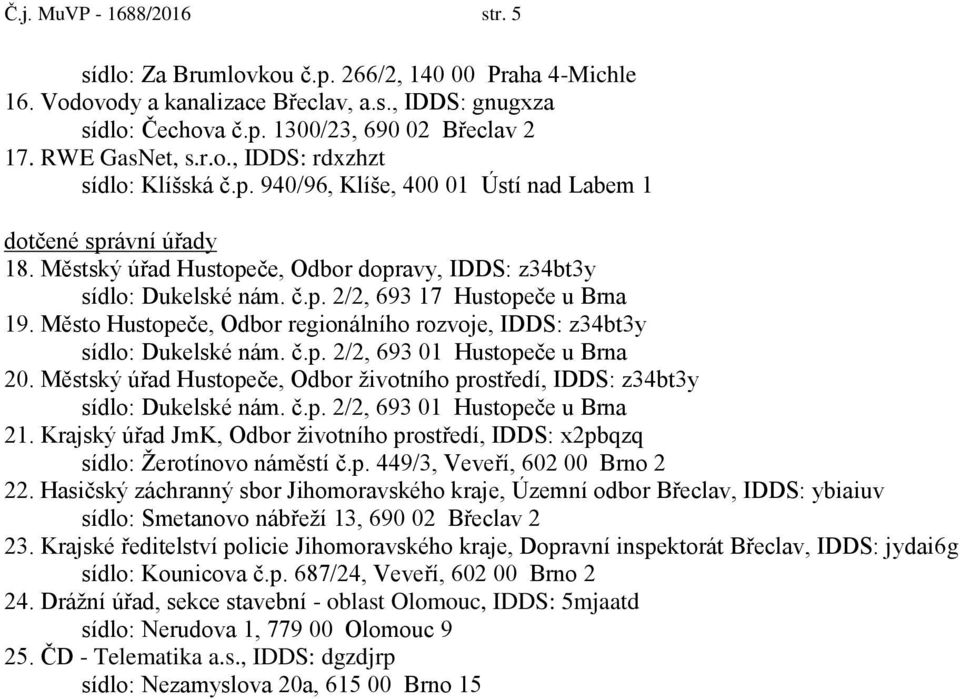 Město Hustopeče, Odbor regionálního rozvoje, IDDS: z34bt3y sídlo: Dukelské nám. č.p. 2/2, 693 01 Hustopeče u Brna 20.