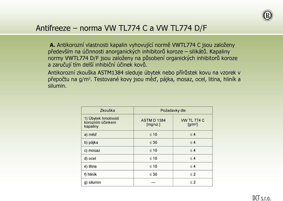 Kapaliny normy VWTL774 D/F jsou založeny na působení organických inhibitorů koroze a zaručují tím delší inhibiční účinek kovů.