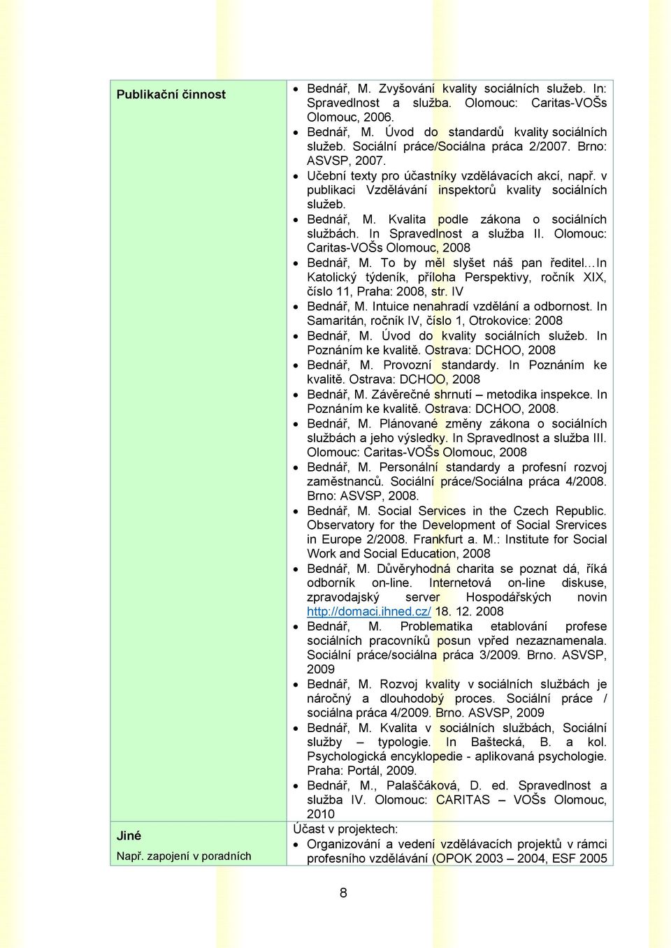 Kvalita podle zákona o sociálních službách. In Spravedlnost a služba II. Olomouc: Caritas-VOŠs Olomouc, 2008 Bednář, M.