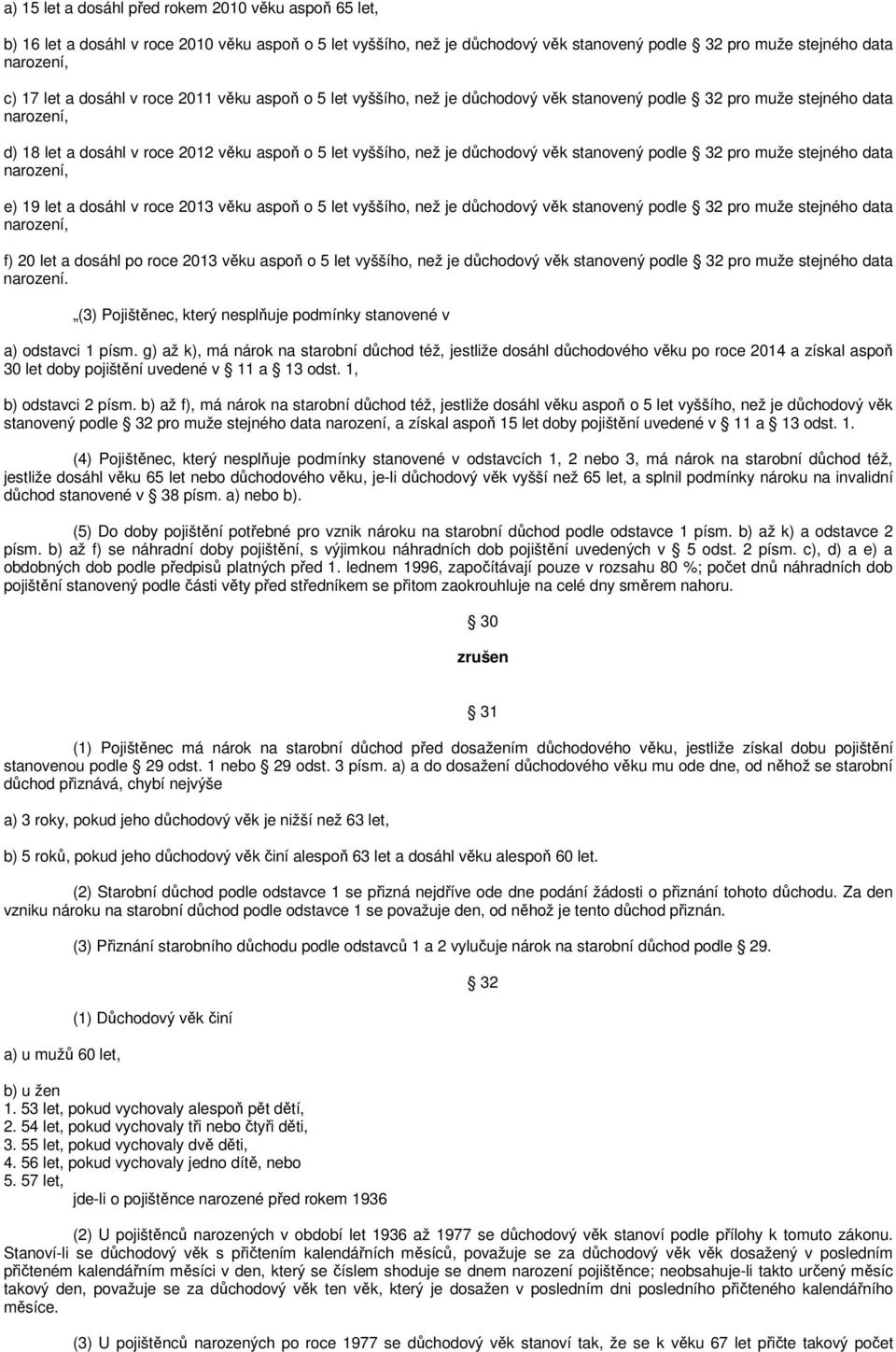 stanovený podle 32 pro muže stejného data narození, e) 19 let a dosáhl v roce 2013 věku aspoň o 5 let vyššího, než je důchodový věk stanovený podle 32 pro muže stejného data narození, f) 20 let a