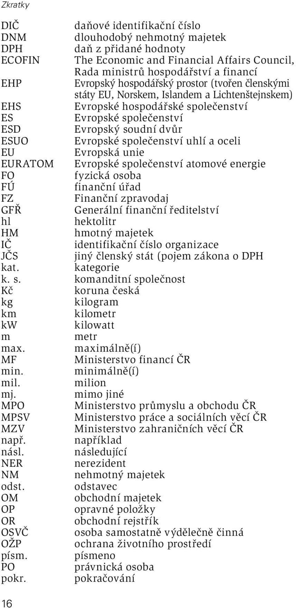 společenství uhlí a oceli EU Evropská unie EURATOM Evropské společenství atomové energie FO fyzická osoba FÚ finanční úřad FZ Finanční zpravodaj GFŘ Generální finanční ředitelství hl hektolitr HM