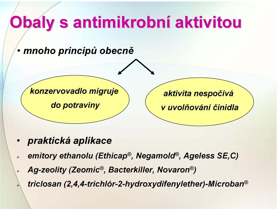 emitory ethanolu (Ethicap, Negamold, Ageless SE,C) Ag-zeolity (Zeomic,