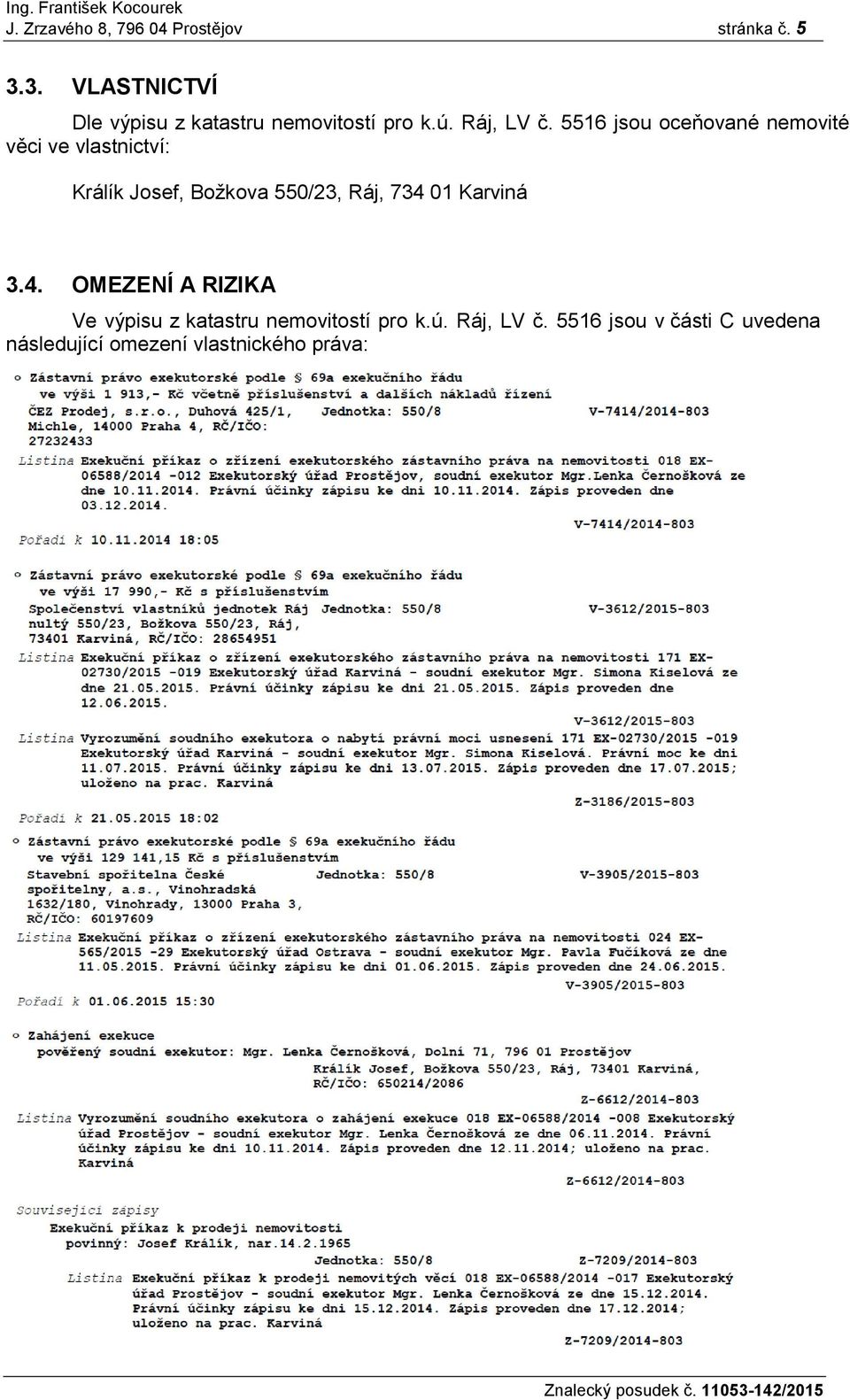 5516 jsou oceňované nemovité věci ve vlastnictví: Králík Josef, Božkova 550/23, Ráj, 734