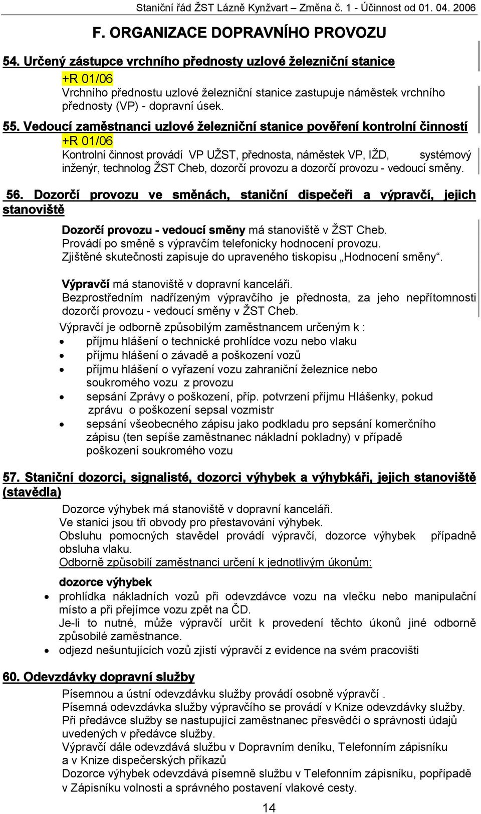 Vedoucí zaměstnanci uzlové železniční stanice pověření kontrolní činností +R 01/06 Kontrolní činnost provádí VP UŽST, přednosta, náměstek VP, IŽD, systémový inženýr, technolog ŽST Cheb, dozorčí