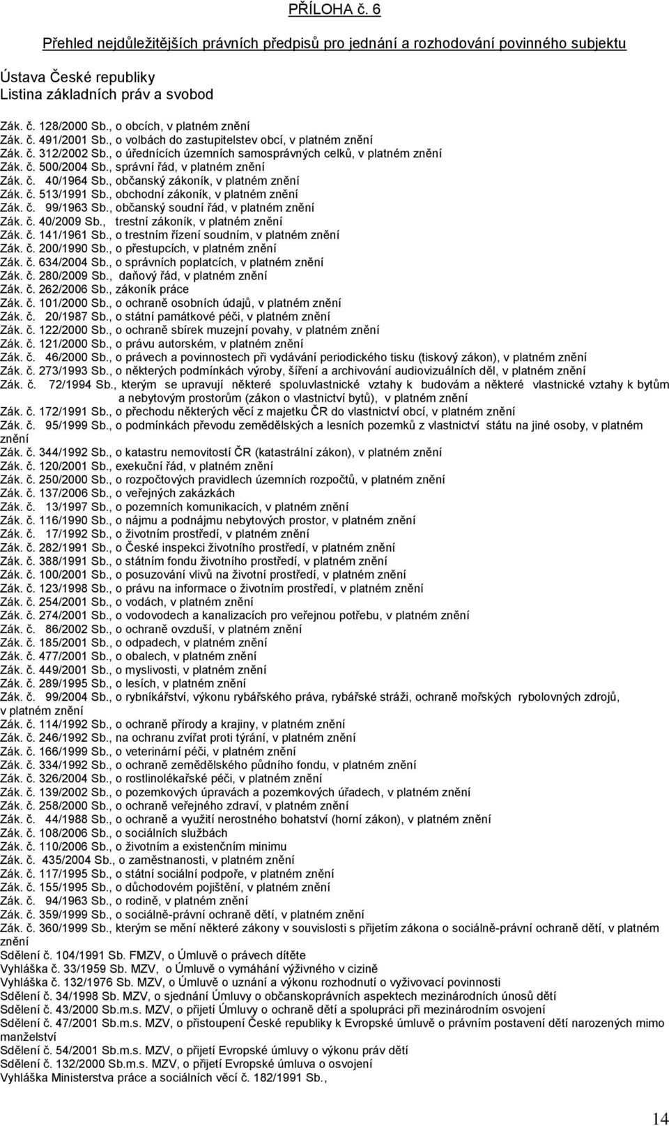 , správní řád, v platném znění Zák. č. 40/1964 Sb., občanský zákoník, v platném znění Zák. č. 513/1991 Sb., obchodní zákoník, v platném znění Zák. č. 99/1963 Sb.