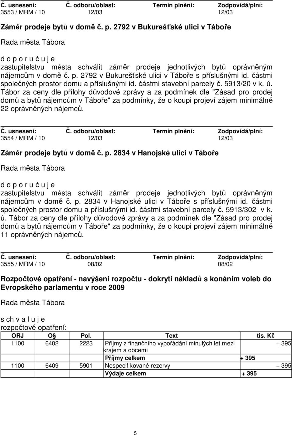 3554 / MRM / 10 12/03 12/03 Záměr prodeje bytů v domě č. p. 2834 v Hanojské ulici v Táboře nájemcům v domě č. p. 2834 v Hanojské ulici v Táboře s příslušnými id.