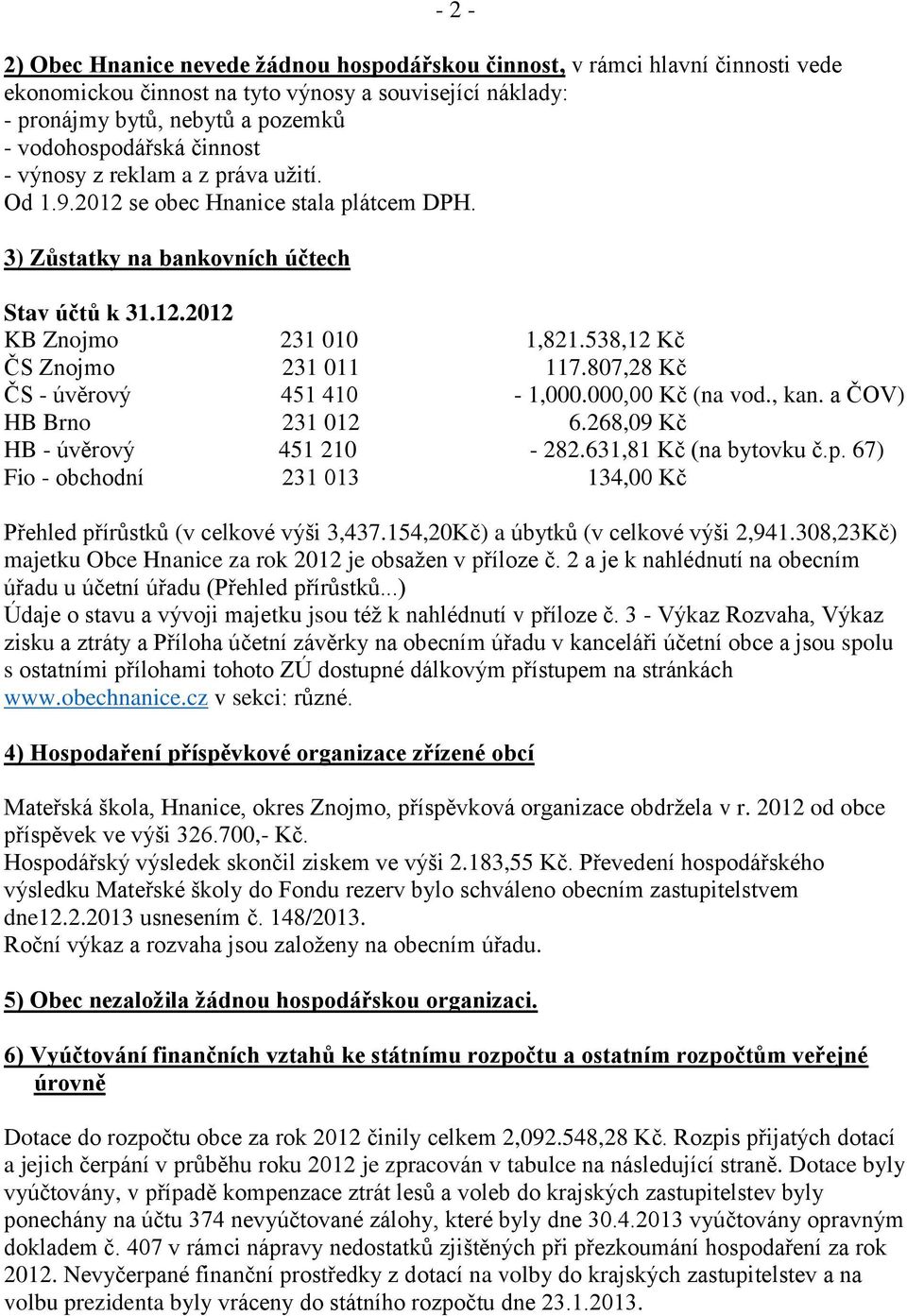 538,12 Kč ČS Znojmo 231 011 117.807,28 Kč ČS - úvěrový 451 410-1,000.000,00 Kč (na vod., kan. a ČOV) HB Brno 231 012 6.268,09 Kč HB - úvěrový 451 210-282.631,81 Kč (na bytovku č.p.