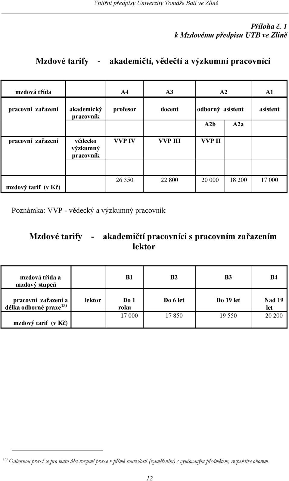 výzkumný pracovník profesor docent odborný asistent asistent A2b A2a VVP IV VVP III VVP II mzdový tarif (v Kč) 26 350 22 800 20 000 18 200 17 000 Poznámka: VVP - vědecký a výzkumný