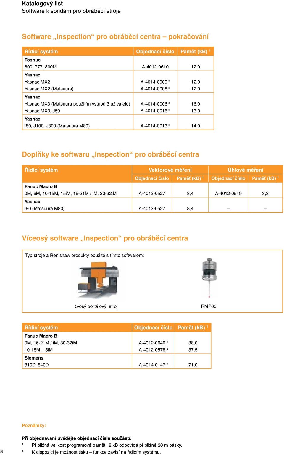 Inspection pro obráběcí centra Řídicí systém Vektorové měření Úhlové měření Objednací číslo Paměť (kb) Objednací číslo Paměť (kb) 0M, 6M, 0-5M, 5iM, 6-2M / im, 30-32iM A-402-0527 8,4 A-402-0549 3,3