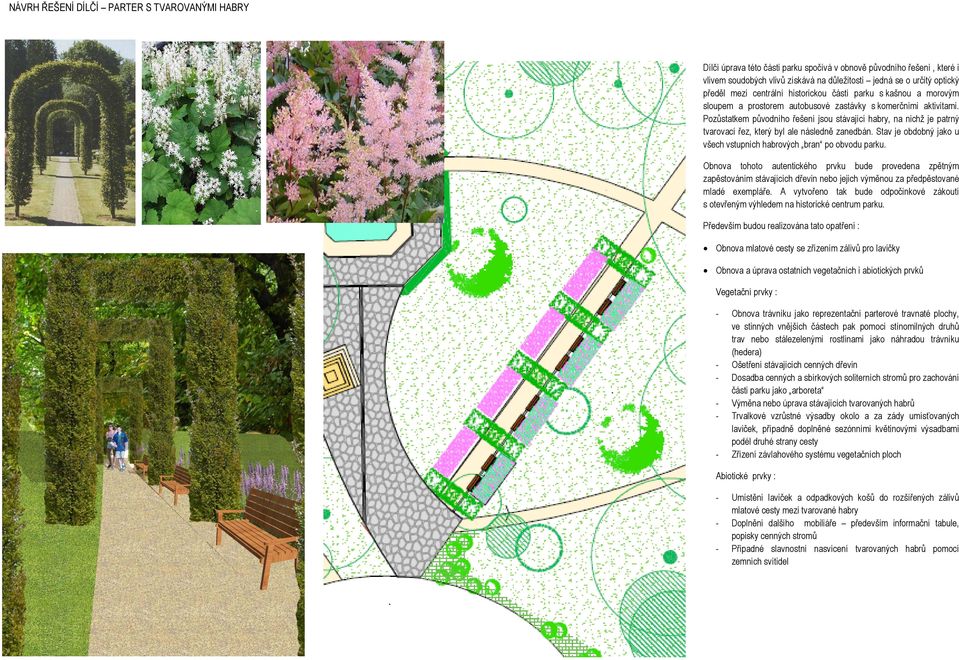 Pozůstatkem původního řešení jsou stávající habry, na nichž je patrný tvarovací řez, který byl ale následně zanedbán. Stav je obdobný jako u všech vstupních habrových bran po obvodu parku.